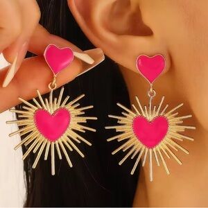 Pink Heart Burst Statement Earrings | Gold Sunray Dangle | Bold Retro Jewelry